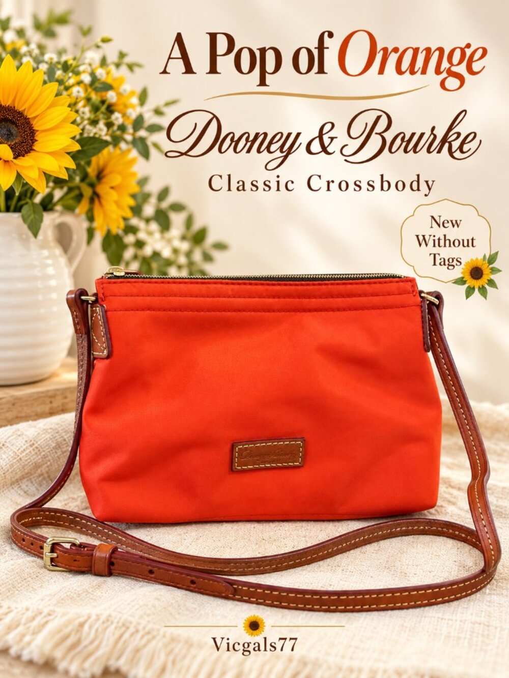 Dooney & Bourke Orange Crossbody Bag Brown Trim Adjustable Strap NWOT